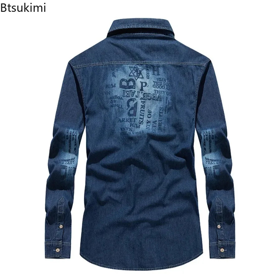New Men's Vintage Denim Workwear Shirts Men Slim Fit Trendy All Match Casual Long Sleeve Button Down Blouse Streetwear Outerwear