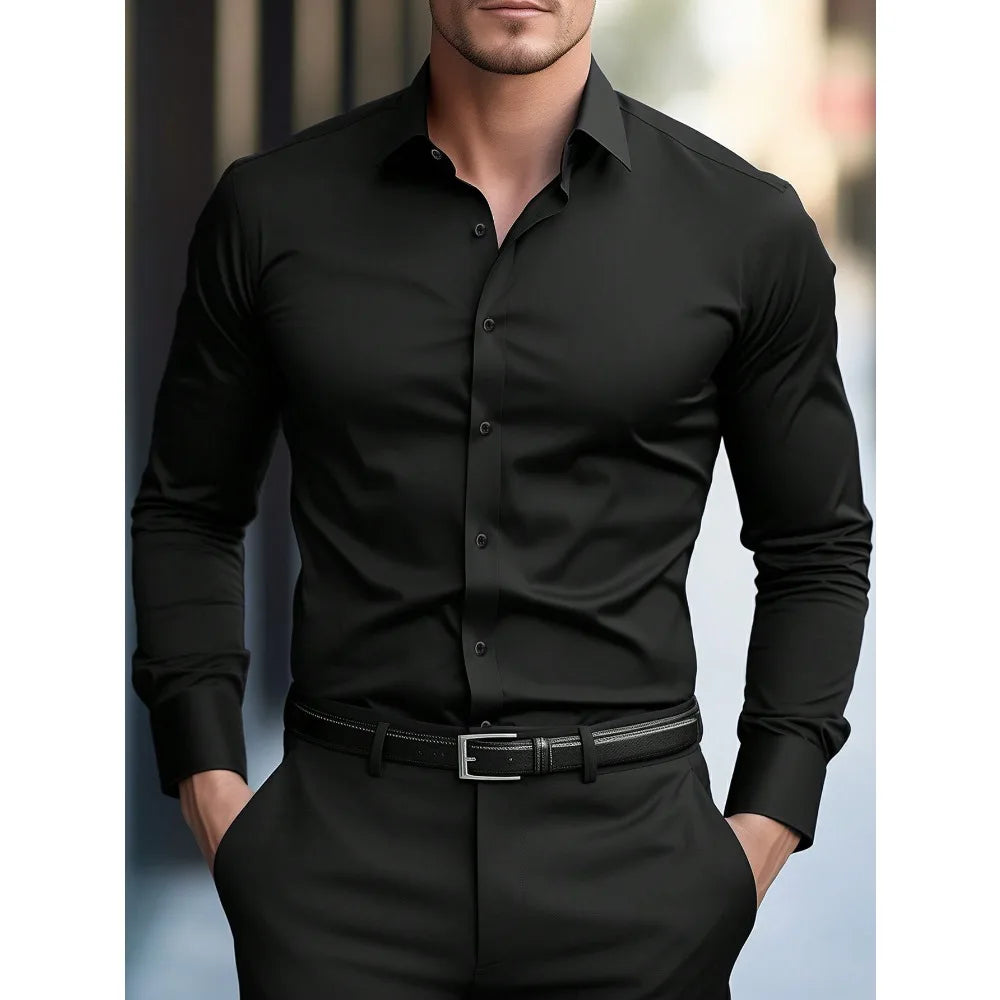 2025 Men's Shirt Brand New Solid Color Long Sleeve Smart Casual Four Season Elastic Male Business Shirts
