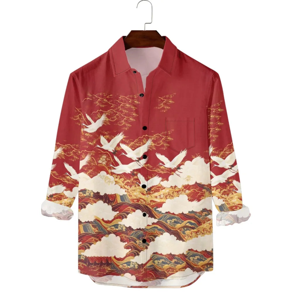 Hawaiian Men Shirts Cultural Crane Clouds Wave Printed Full Sleeve Button Up Casual Vacay Beach Parties Travel Poolside Shirt