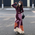 Women's Clothing High-end Sense Fashion and Thin Contrasting Color Pattern Soft Waxy Mohair Knitted Dress Sweater Long Dress