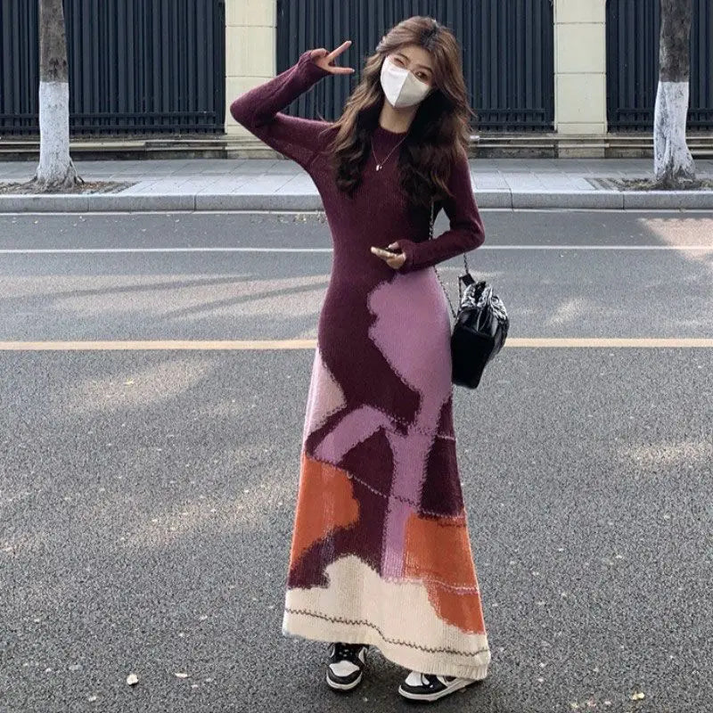 Women's Clothing High-end Sense Fashion and Thin Contrasting Color Pattern Soft Waxy Mohair Knitted Dress Sweater Long Dress