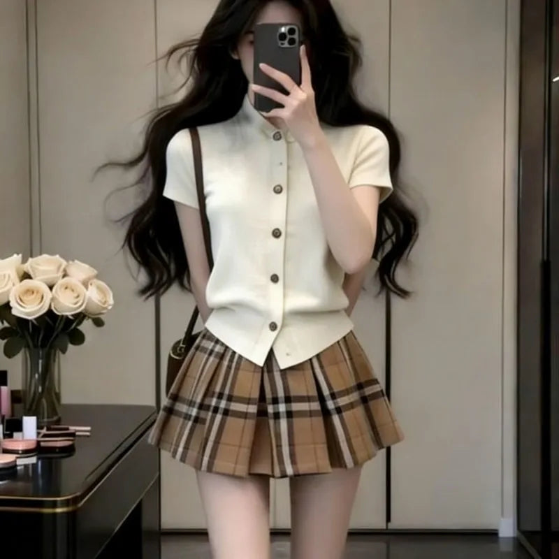 Women Clothing Spring Autumn Fashion Casual Button Solid Color Tops Female All-match Young Style Plaid Skirt Two-piece Set Suit