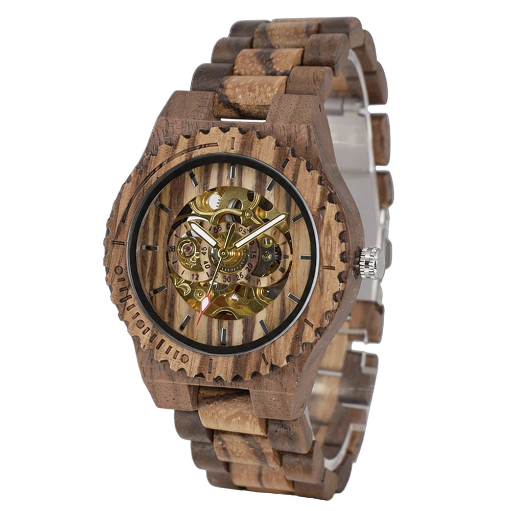Women's Watch with Fashion Elegant Wooden Skeleton Automatic Mechanical and Round Fold Clasp Design