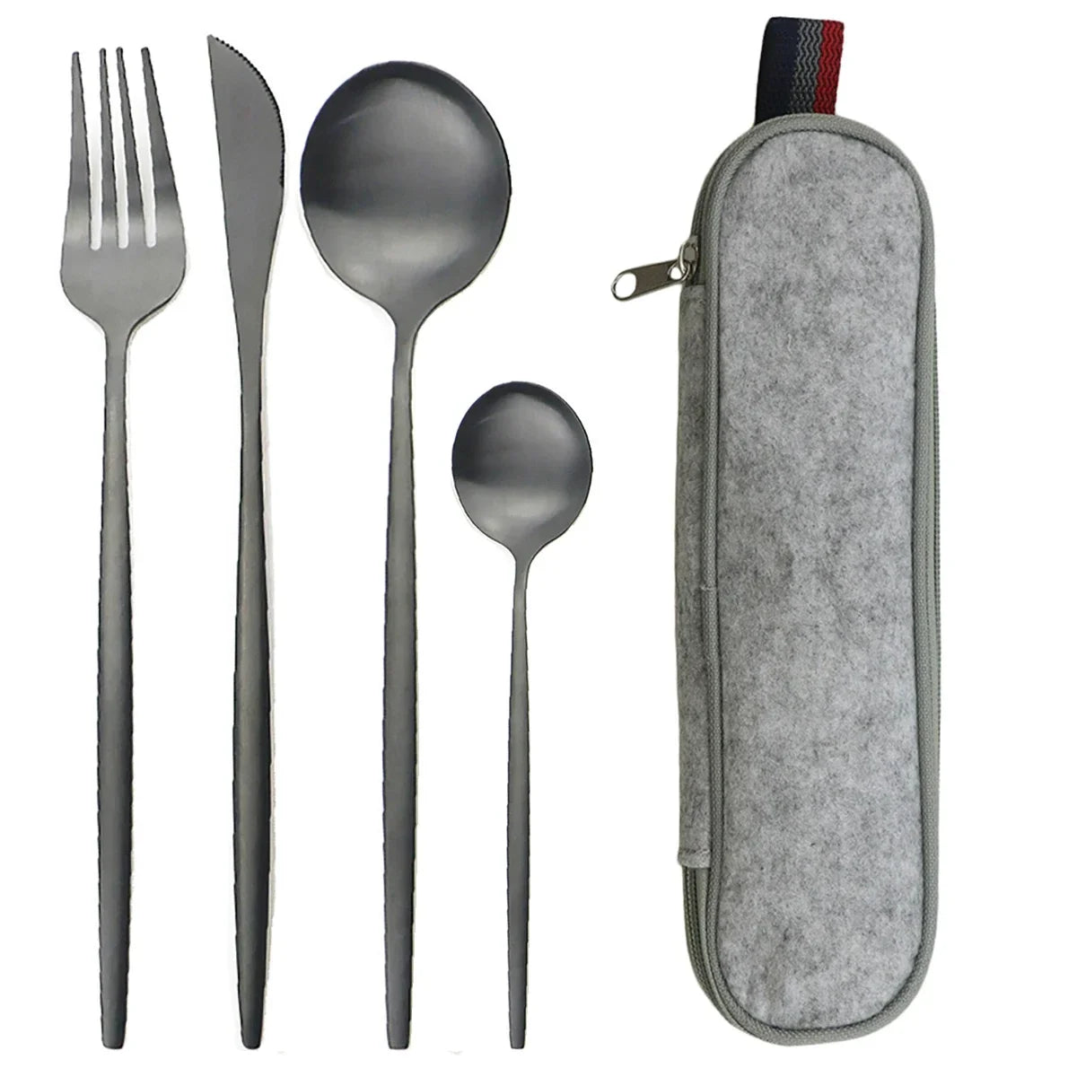 5pcs/set Dinnerware Set Black Gold Travel Camping Cutlery Set Reusable Silverware with Metal Knife Spoon Fork and Portable Case