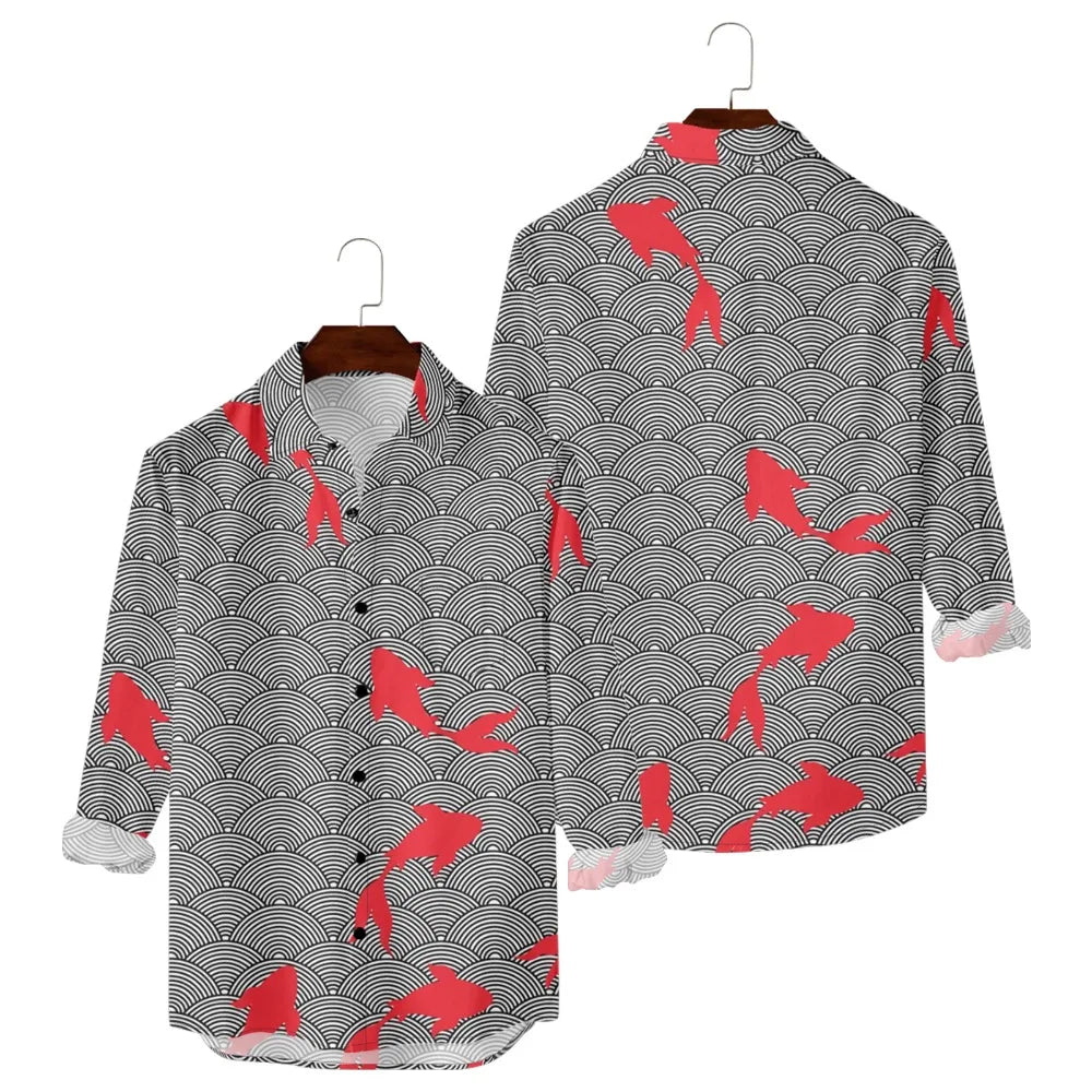 Hawaiian Men Shirts Cultural Crane Clouds Wave Printed Full Sleeve Button Up Casual Vacay Beach Parties Travel Poolside Shirt