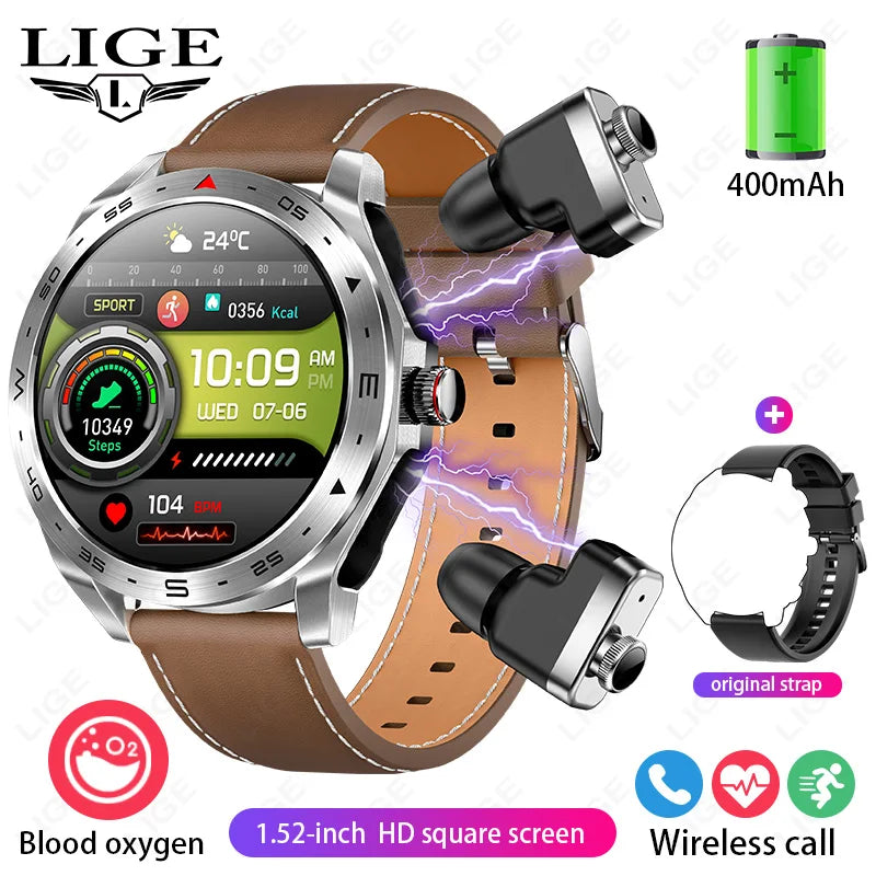 Smart Watch with Earbuds 1.52 inch HD Screen Fitness Tracker Sleep Monitor Pedometer All-in-one Local Music TWS Music Smartwatch