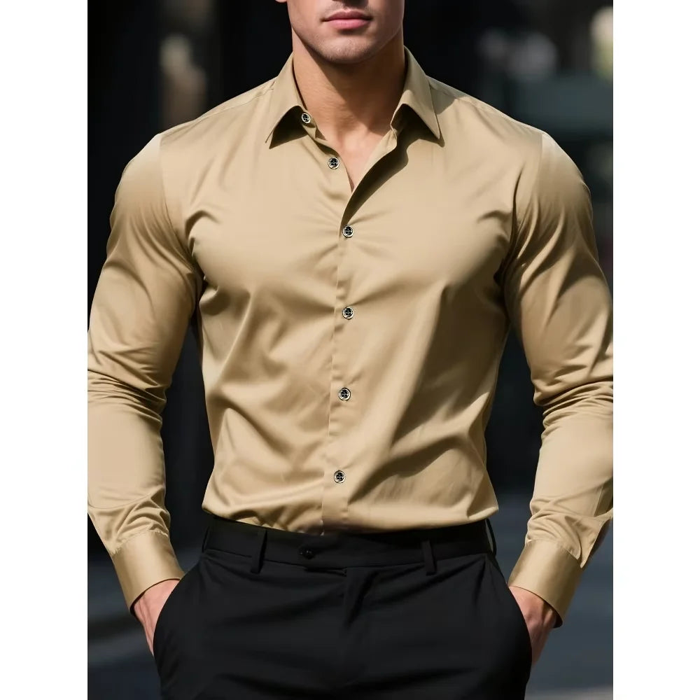 2025 Men's Shirt Brand New Solid Color Long Sleeve Smart Casual Four Season Elastic Male Business Shirts