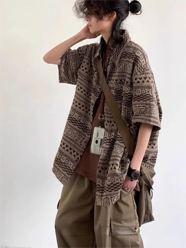 Man Shirts Short Sleeved Shirt For Men And Women, New Summer Student Ethnic Style Silhouette Casual Shirt Jacket Trend