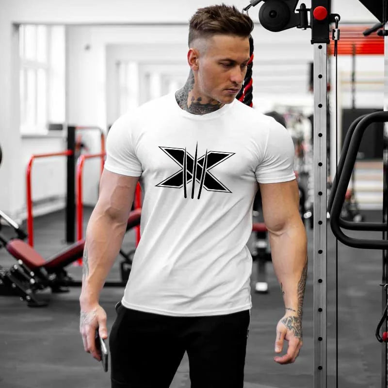 Men's Gym Fitness Clothing Man Cotton Sports Short Sleeve T-shirt Running Training Slim Printed Shirt Sweatshirt Casual Tops