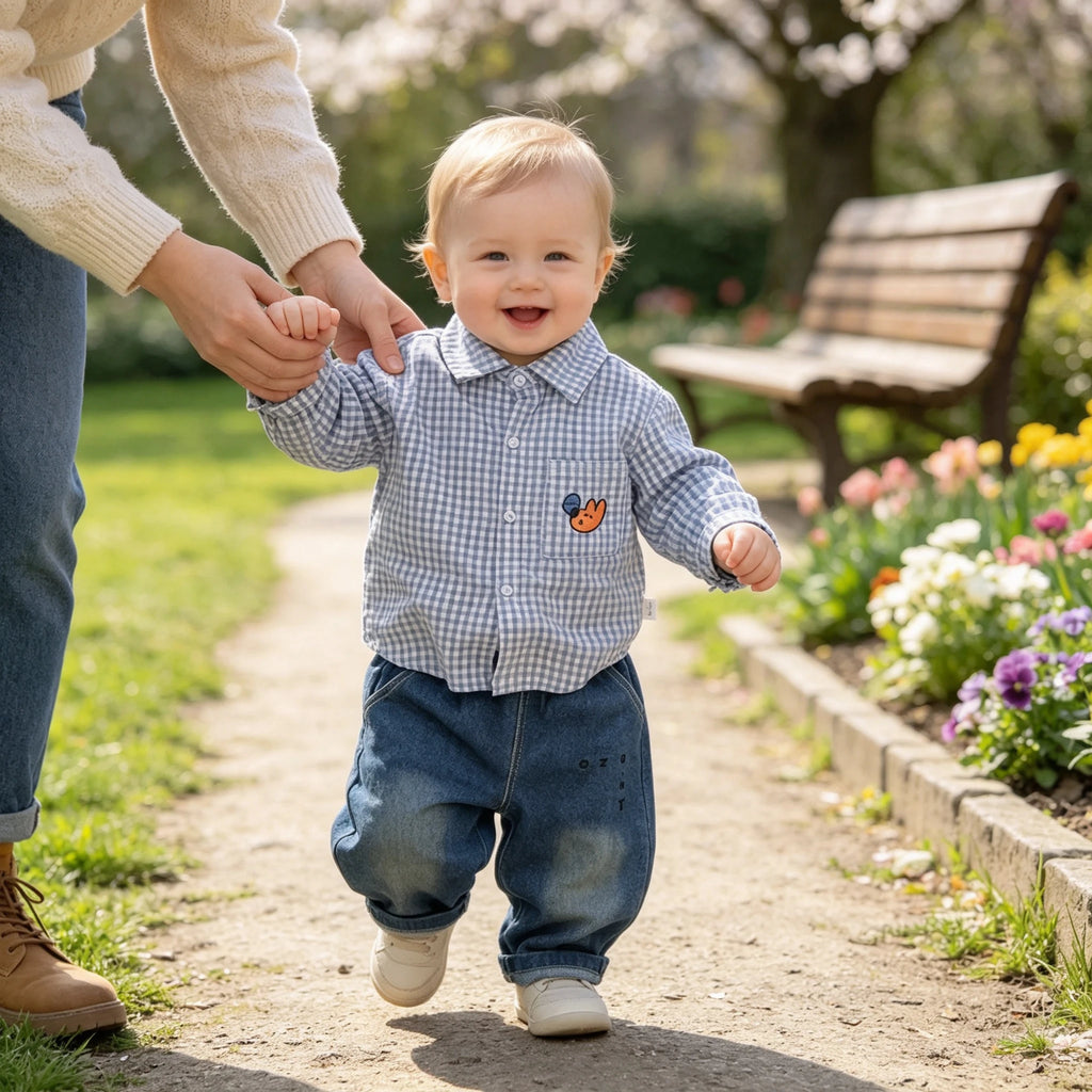 Boys 2Pcs Outfit Set,Blue Plaid Cartoon Embroidery Shirt+Elastic Waist Denim Pants,Spring Autumn Kids Casual Clothing