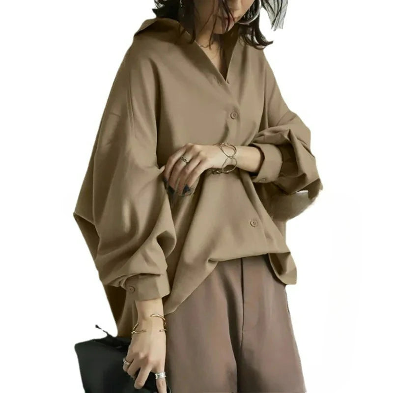Women's Clothing 2026 Fashion Cotton Solid Color Lapel Lantern Sleeve Button Irregular Hem Shirt