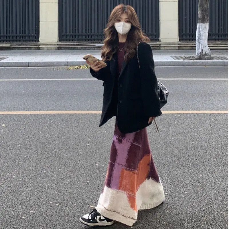 Women's Clothing High-end Sense Fashion and Thin Contrasting Color Pattern Soft Waxy Mohair Knitted Dress Sweater Long Dress