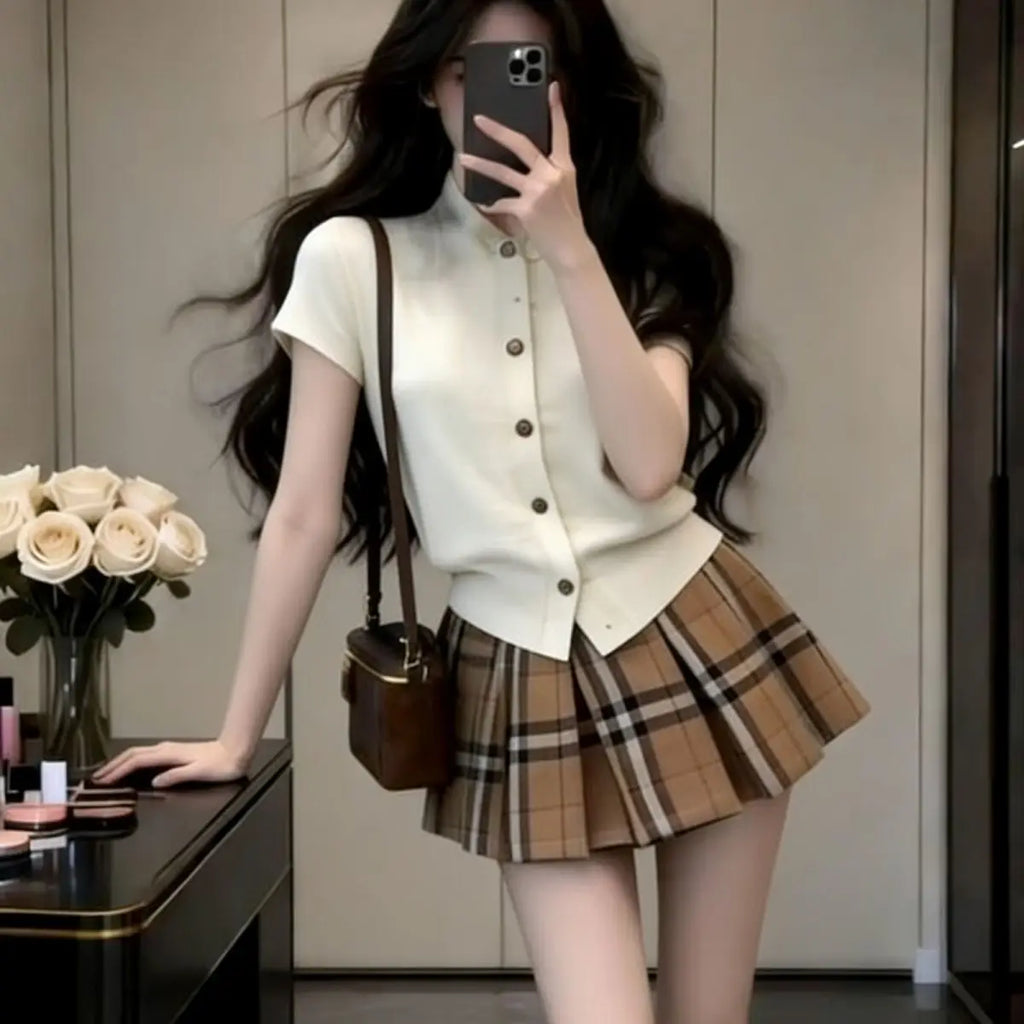 Women Clothing Spring Autumn Fashion Casual Button Solid Color Tops Female All-match Young Style Plaid Skirt Two-piece Set Suit