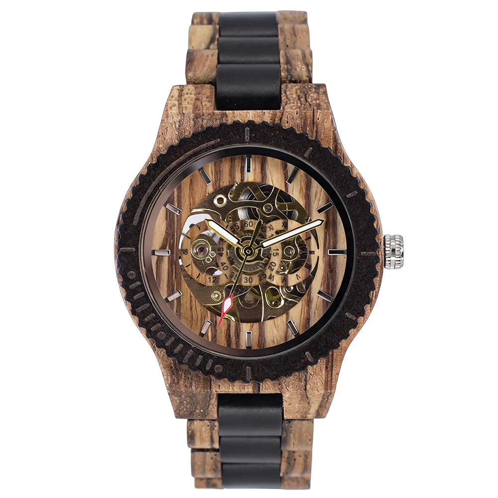 Women's Watch with Fashion Elegant Wooden Skeleton Automatic Mechanical and Round Fold Clasp Design