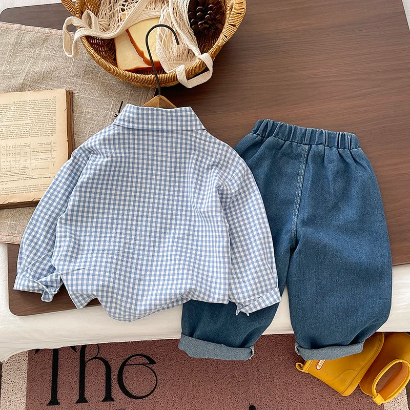 Boys 2Pcs Outfit Set,Blue Plaid Cartoon Embroidery Shirt+Elastic Waist Denim Pants,Spring Autumn Kids Casual Clothing