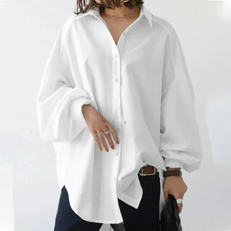 Women's Clothing 2026 Fashion Cotton Solid Color Lapel Lantern Sleeve Button Irregular Hem Shirt
