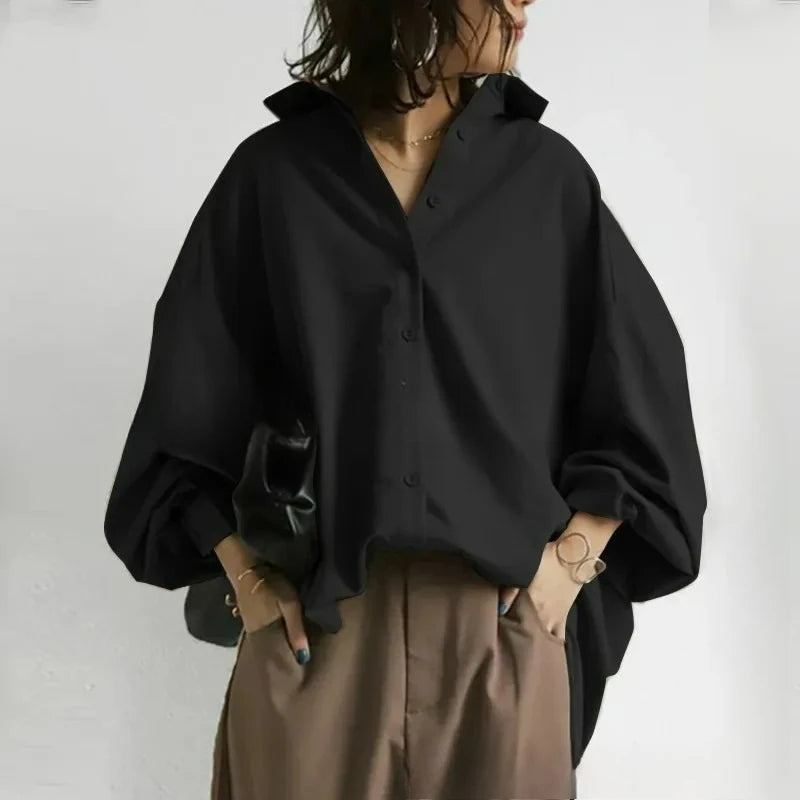 Women's Clothing 2026 Fashion Cotton Solid Color Lapel Lantern Sleeve Button Irregular Hem Shirt