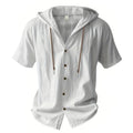 Cotton Linen Shirt for Men Hooded Short Sleeve Solid Color Breathable Lightweight Drawstring Design Shirts Casual Basic Tees