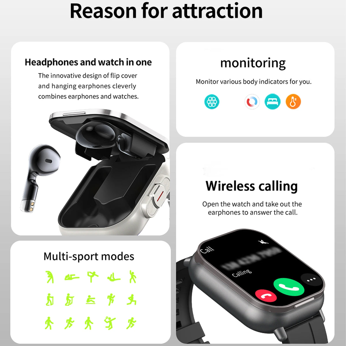 2-in-1 Smartwatch with Built-in TWS Earphones, Supports Wireless Charging, 2.01 High-Definition Display Screen, Multiple Sports