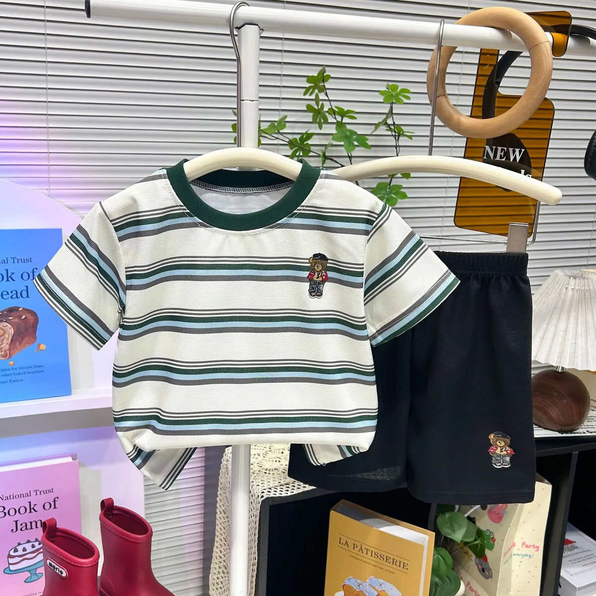 2PCS/Set Boys Clothing Set Waffle T-shirt+Short Pants Striped Kids Clothing For Summer