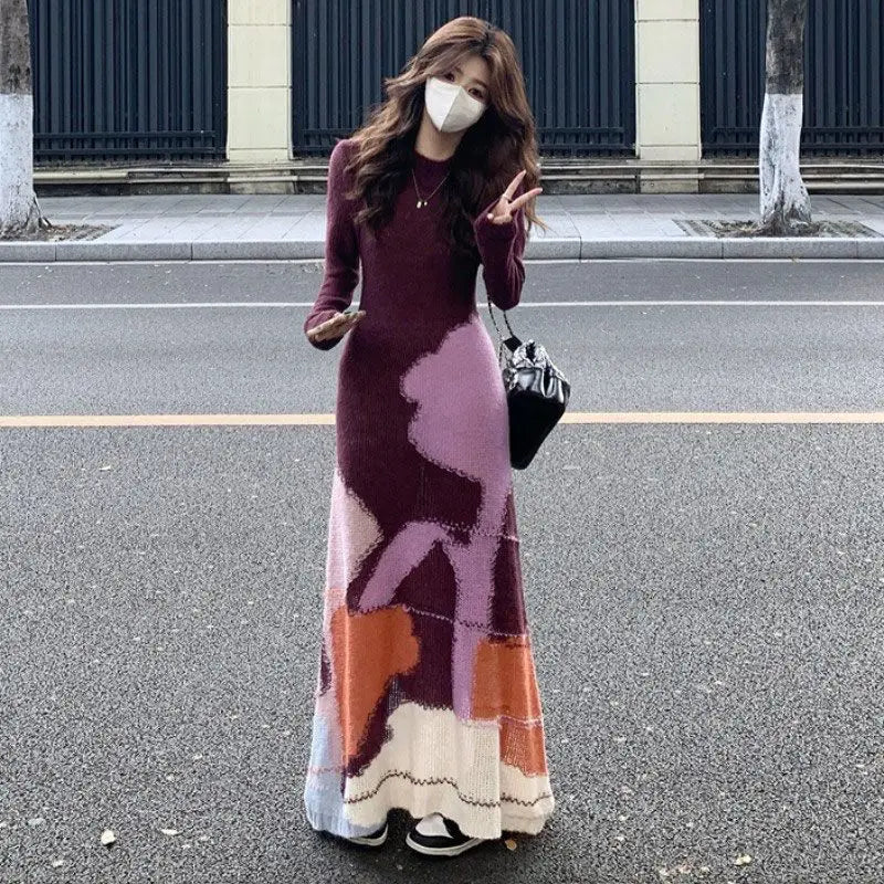 Women's Clothing High-end Sense Fashion and Thin Contrasting Color Pattern Soft Waxy Mohair Knitted Dress Sweater Long Dress