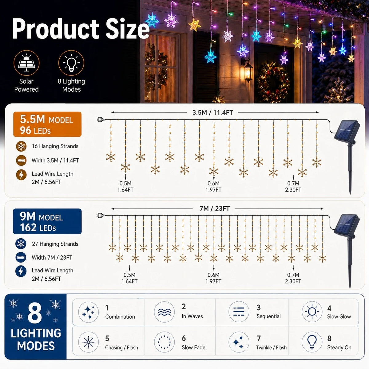 Solar Ice Strip Snowflake String Light Christmas Tree Decoration Light Winter Festival Light for Christmas Halloween Decor
