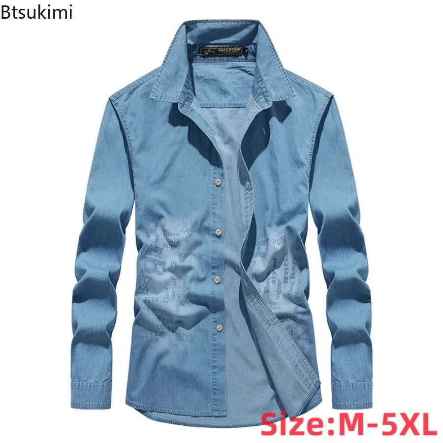 New Men's Vintage Denim Workwear Shirts Men Slim Fit Trendy All Match Casual Long Sleeve Button Down Blouse Streetwear Outerwear