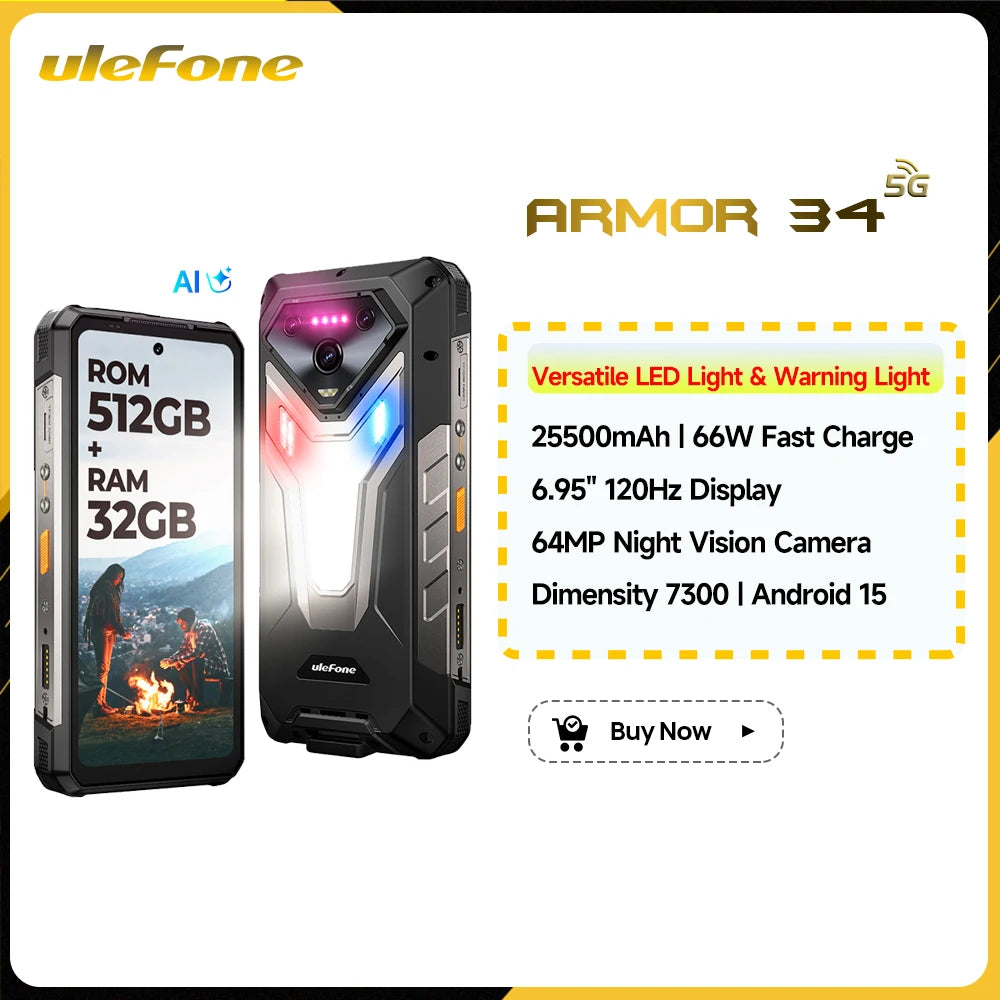 Ulefone Armor 34+ 5G Rugged Phone Smartphone Android 15 25500mAh 66W Up to 32GB+512GB 6.95" 120Hz Display Versatile LED Light