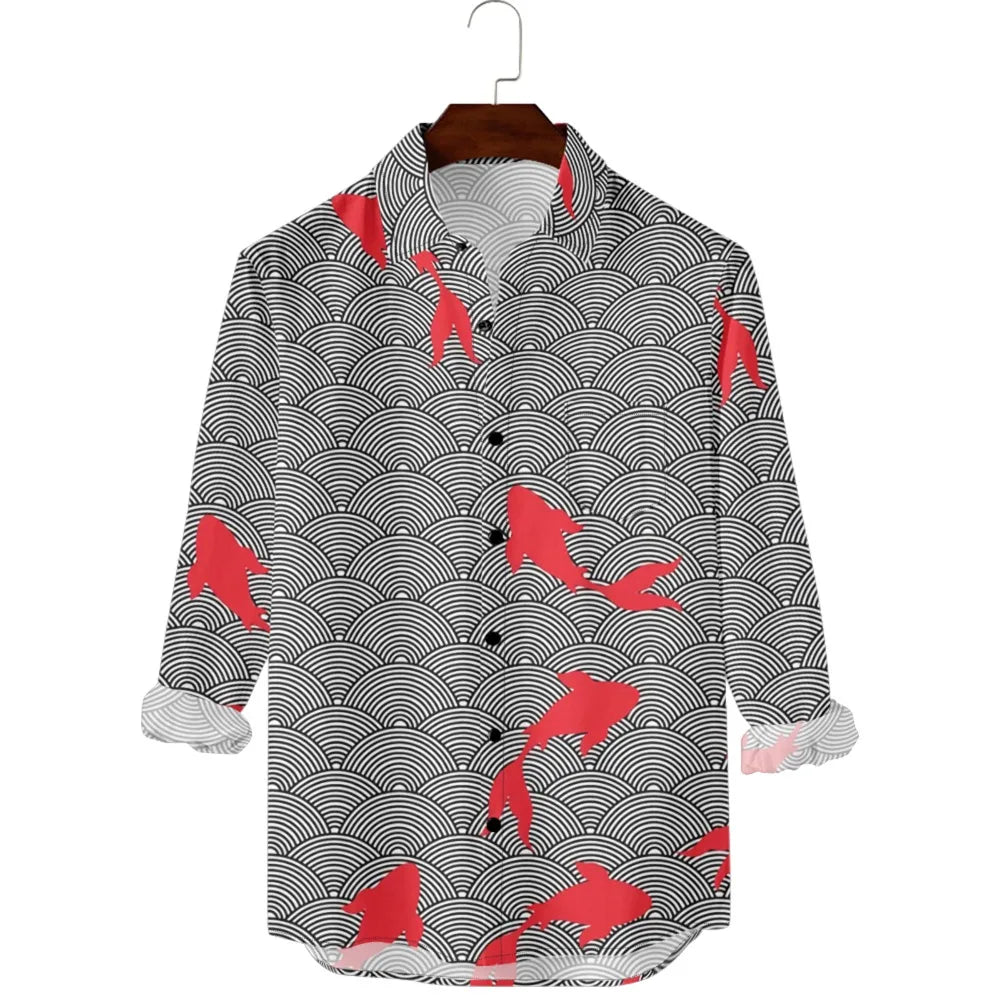 Hawaiian Men Shirts Cultural Crane Clouds Wave Printed Full Sleeve Button Up Casual Vacay Beach Parties Travel Poolside Shirt