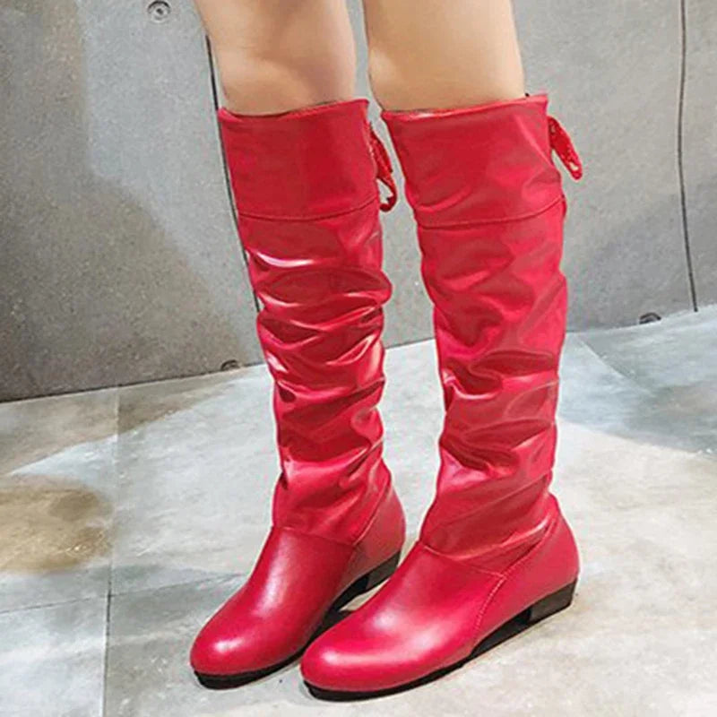 Shoes For Women  Knee High Boots Red Black White Tall Boots Woman Pleated Low Heel Casual Leather Female Long Shoes 2024