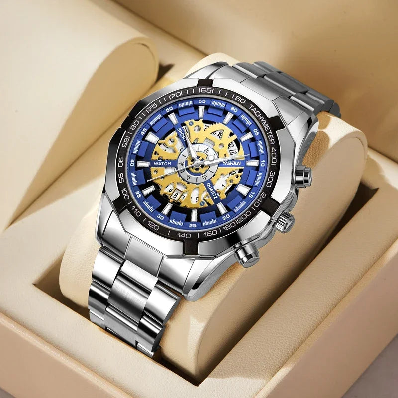 2026 Mens Quartz Watches Top Brand Luxury Stainless Steel Waterproof Hollow Out Big Male Wristwatches Relogio Masculino