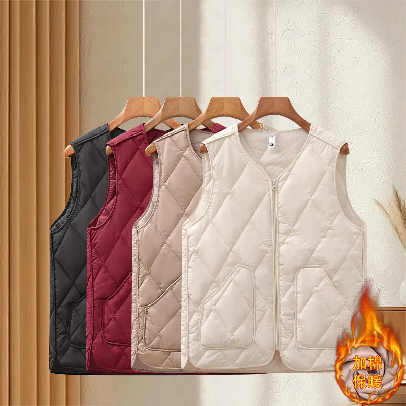 Women's Clothing Autumn Winter New Loose Mother Big Pocket Cotton Vest Female Quilted Cotton-Padded vest coat