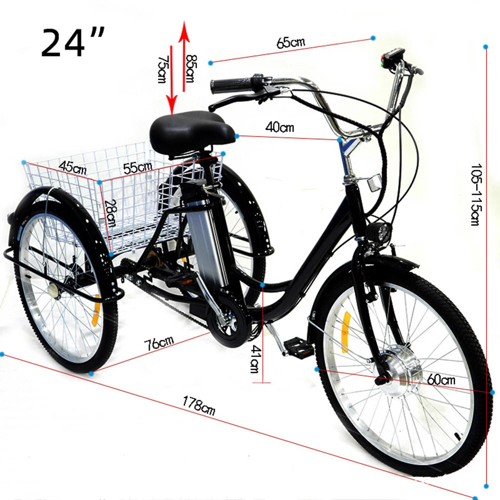 Electric Cargo Bike for Adults Seniors 350W 36V 12AH Removable Lithium Battery Three-wheel Electric Bicycle for Old People