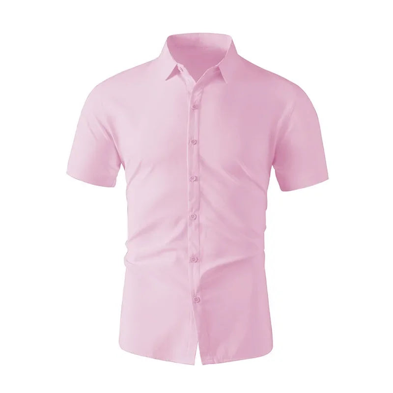New Men's Business Casual Solid Color Short Sleeved Shirt for Summer Fashion No Ironing Comfortable and Versatile Top