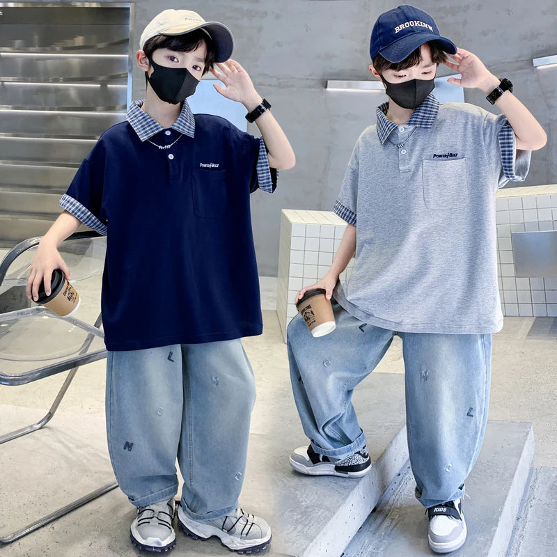 Boys Summer Clothing Set Children Short-Sleeve Polo Shirt Top+ Denim Pants Two-Piece Set 2025 New