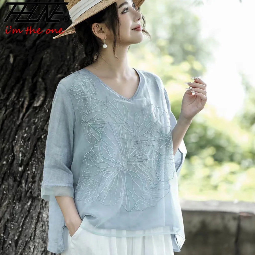 Women's Clothing Shirts Blouse Summer Cotton Linen Blusa Mujer Embroidery V-Neck Solid Vintage Casual Camisas Loose