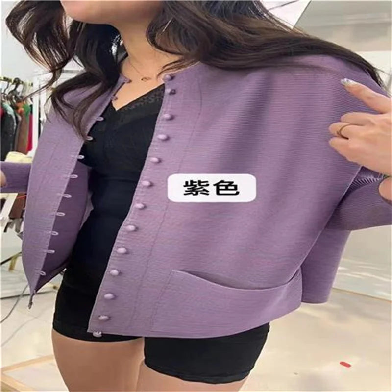 Woman Clothing T-shirt Bat Sleeves Loose and Pleated Small Jacket Women's Single-breasted Pocket Design Pleated Semi-Turtleneck