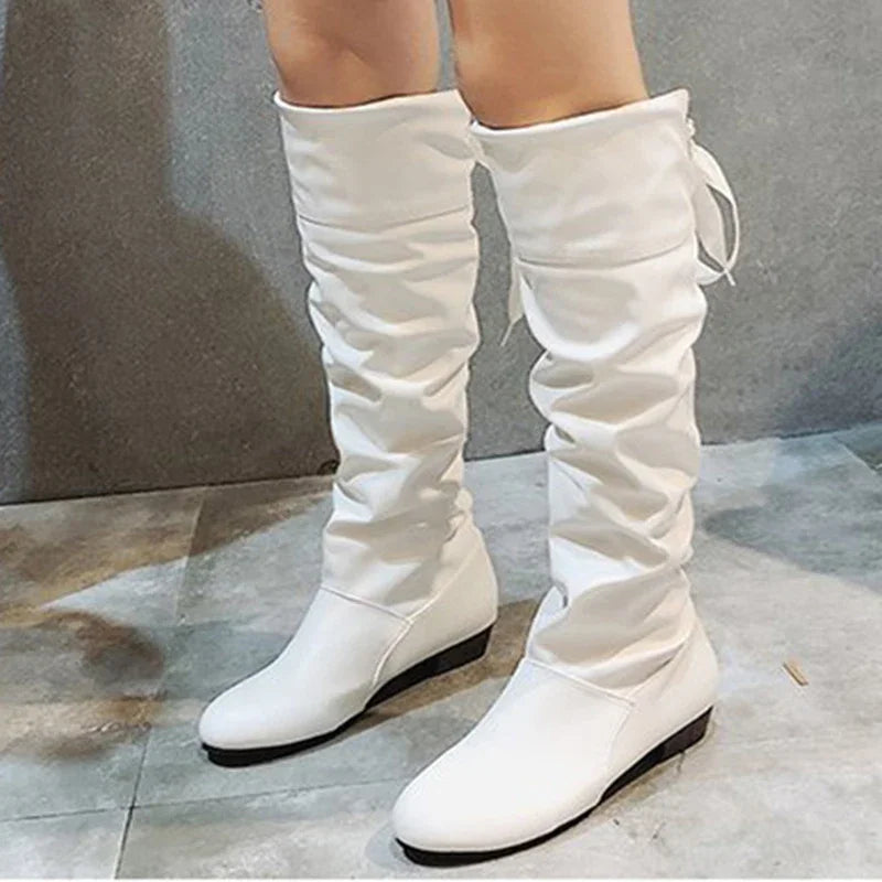 Shoes For Women  Knee High Boots Red Black White Tall Boots Woman Pleated Low Heel Casual Leather Female Long Shoes 2024