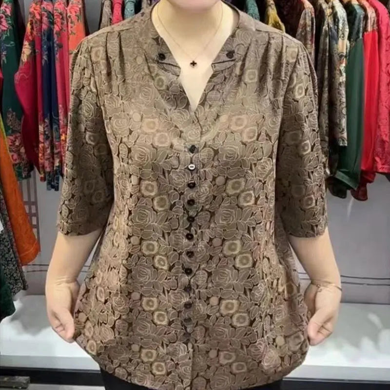Women's Clothing Vintage Flowers Printed Shirt Summer New Half Sleeve Commute Single-breasted Stylish Casual V-Neck Loose Blouse