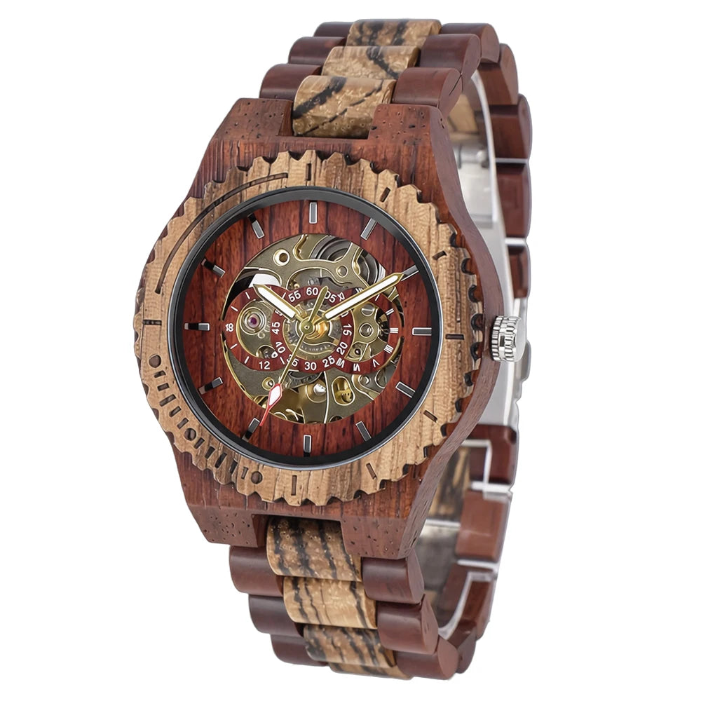Women's Watch with Fashion Elegant Wooden Skeleton Automatic Mechanical and Round Fold Clasp Design