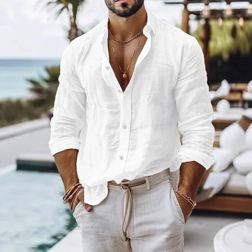 Cotton Linen Shirt for Men Summer Beach Style Solid Color Single Breasted Breathable Shirts Lightweight Stylish Button Tops